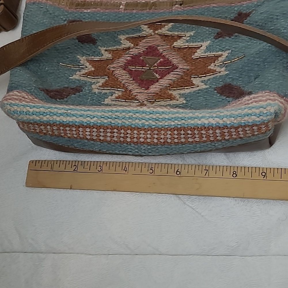 Catchfly Studio Aztec Rug Southwest Beaded Boho Aqua Brown Leather Crossbody Bag - Picture 10 of 12